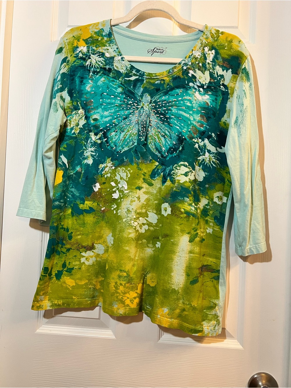 🦋 NWOT Style & Co. Teal & Green Butterfly 3/4 Sleeve Women's Top si large